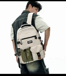 Detail view of Japanese trendy large capacity backpack with multiple pockets for daily travel.