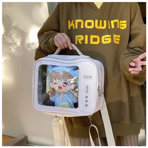 Detailed view of the cute TV shaped transparent ita bag with a lovely plush doll inside.