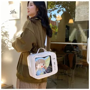 Transparent ita bag for 20cm dolls, clear window backpack and crossbody bag for daily fashion use.