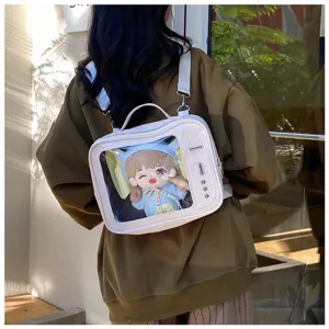 Detailed view of the cute transparent window ita backpack with a lovely plush doll inside.