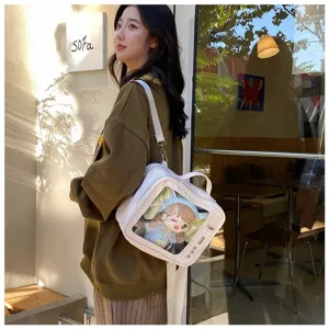 White transparent ita bag for 20cm dolls, cute JK style PU leather crossbody backpack.