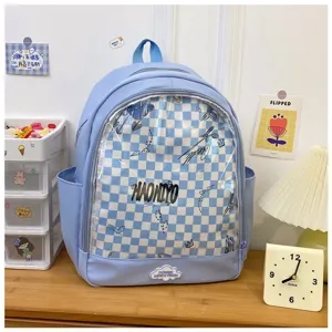 Zaino ita blu carino con finestra trasparente, grande borsa scolastica per studenti.