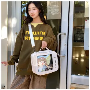 Cute JK transparent ita bag for anime conventions, large capacity cross-body bag for 20cm dolls.
