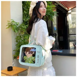 Cute 20cm doll ita bag with transparent window, versatile crossbody backpack for anime fans.