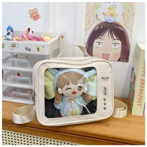 Cute JK transparent itabag for 20cm plush dolls, versatile shoulder backpack for anime conventions.