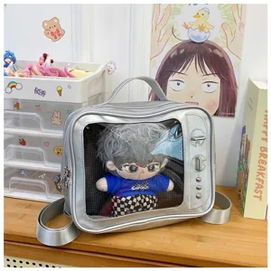 Silver TV-shaped clear window ita backpack for 20cm plush dolls, casual crossbody bag.
