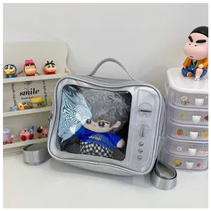 Clear TV shaped ita bag for 20cm plush dolls, silver PU leather shoulder backpack, cute design.