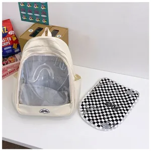 Zaino ita trasparente beige con inserto a scacchi bianco e nero per collezionisti di bambole