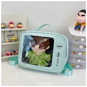 Light blue TV shape clear ita bag cute anime 20cm plush doll shoulder crossbody bag