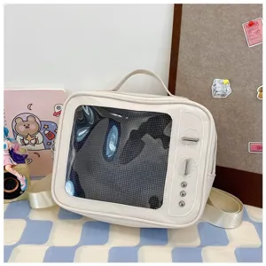 Retro TV style transparent ita bag detail view, cute JK backpack for pins and badges, beige.