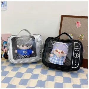 Transparent window ita bag for 20cm plush dolls, cute TV shaped shoulder bag for anime fans.