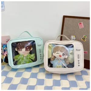 Clear TV shape ita bag for 20cm plush dolls, cute crossbody shoulder bag for anime fans.