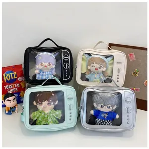 Clear TV shaped ita bag for 20cm plush dolls, cute transparent shoulder bag for anime fans.