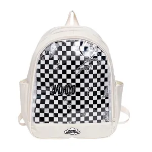Zaino ita trasparente bianco con motivo a quadri bianco e nero ideale per uso quotidiano.