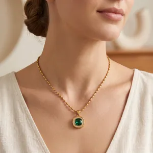 Gold titanium steel square green gemstone pendant necklace elegant women clavicle jewelry