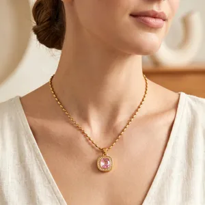Elegant titanium steel pink gemstone necklace, chic square pendant clavicle chain.