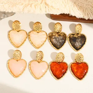 Vintage Stainless Steel Heart Drop Earrings For Women 18K Gold Plated Resin Marble Texture Hammered Heart Earrings Jewelry