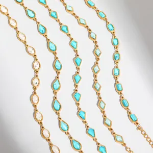 Detailed close-up shot of gold-plated stainless steel chains featuring colorful gemstone stations.