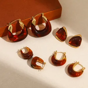 Vintage Stainless Steel Resin Geometric Hoop Earrings For Women Maillard Style Gold Plated Amber Brown Earrings Jewelry Gift