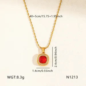 Gold titanium steel red crystal square pendant necklace fashion clavicle jewelry 40+5cm