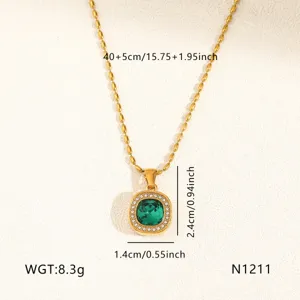 Titanium steel green crystal pendant necklace for women, stylish gold bead chain jewelry.