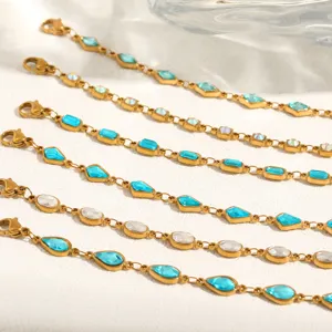 Exquisite stainless steel gold chain bracelet featuring blue crystals for women fashion.