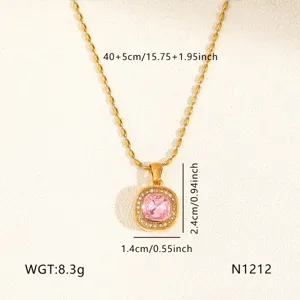 Gold titanium steel pink stone necklace pendant detail view showing dimensions and weight.