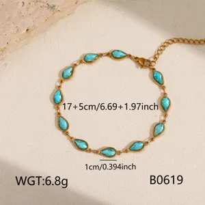 Elegant gold titanium steel turquoise teardrop station bracelet with extension chain 17+5cm