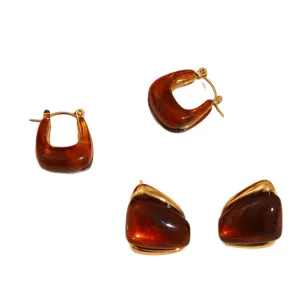 Retro stainless steel amber resin earrings set, vintage chic hoop and drop jewelry for women.