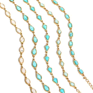 Gold stainless steel colorful crystal station chain fashion minimalist jewelry for women daily wear