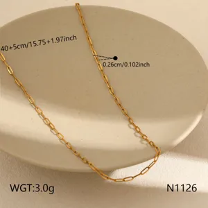 Minimalist gold stainless steel paperclip chain necklace with adjustable size details.