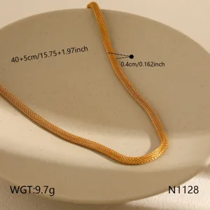 Gold flat mesh clavicle chain with extension, minimalist stainless steel jewelry accessory.