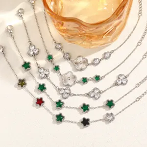 Vintage Stainless Steel Rhinestone Clover Star Pendant Bracelet Niche French Luxury Electroplated Adjustable Chain Jewelry For Women Gift