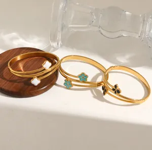 Gouden roestvrijstalen dubbele bloem armbanden met kleurrijke emaille inleg sieraden.