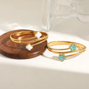 Roestvrij staal dubbele bloem open armband, 18k vergulde sieraden met emaille detail.