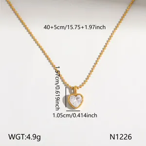 Gold bead chain necklace with crystal heart pendant, 18K titanium steel elegant jewelry.