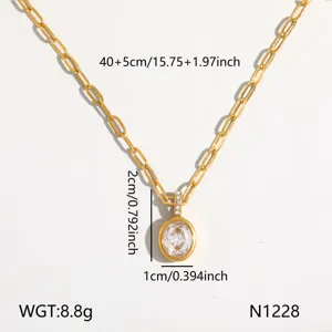 Gold titanium steel pendant necklace with oval crystal gemstone, elegant clavicle chain for women.