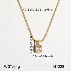 Gold titanium steel emerald-cut stone pendant necklace dainty clavicle chain jewelry for women