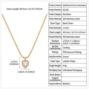 Gold heart zircon necklace stainless steel beaded chain minimalist chic jewelry for women
