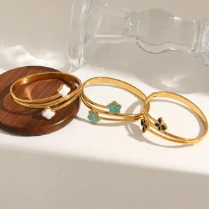 304 Roestvrij Stalen Bloem Klaver Armring Voor Vrouwen 18K Verguld Emaille Open Armband Elegant Mode Sieraden Cadeau