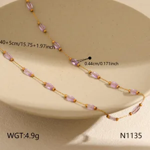 Gold stainless steel purple crystal beaded clavicle necklace elegant fashion jewelry piece.