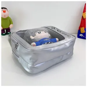 Silver metallic ita bag with clear window, retro TV design, perfect for 20cm plush doll display.