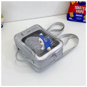 Silver transparent ita bag backpack for 20cm plush dolls, cute JK style display window shoulder bag.