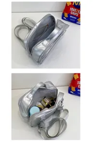 Silver metallic ita backpack, transparent front window for pins and plushies, convertible.