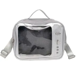 Silver retro TV shape ita bag detail view, transparent window for pins and dolls display.