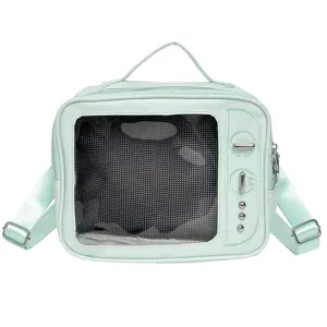 Detailed view of the mint green TV-shaped ita bag with clear window, perfect for pins.