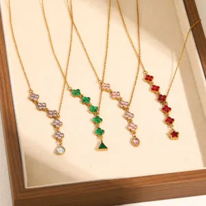 Stainless steel multi-color clover crystal pendant necklace detail close-up display.