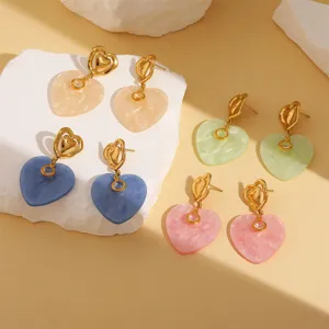 French Style Stainless Steel Heart Resin Drop Earrings Light Luxury Gold Plated Rhinestone Heart Dangle Earrings For Women Jewelry Gift
