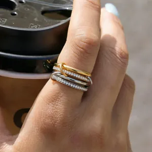 Stainless steel multi-layer interlocking pave rhinestone stacking ring fashion jewelry