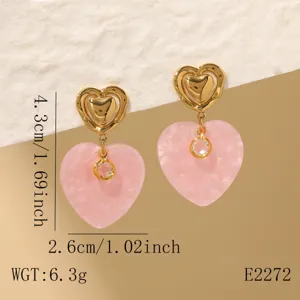 Stainless steel pink heart drop earrings, trendy fashion light luxury French style jewelry for women.
